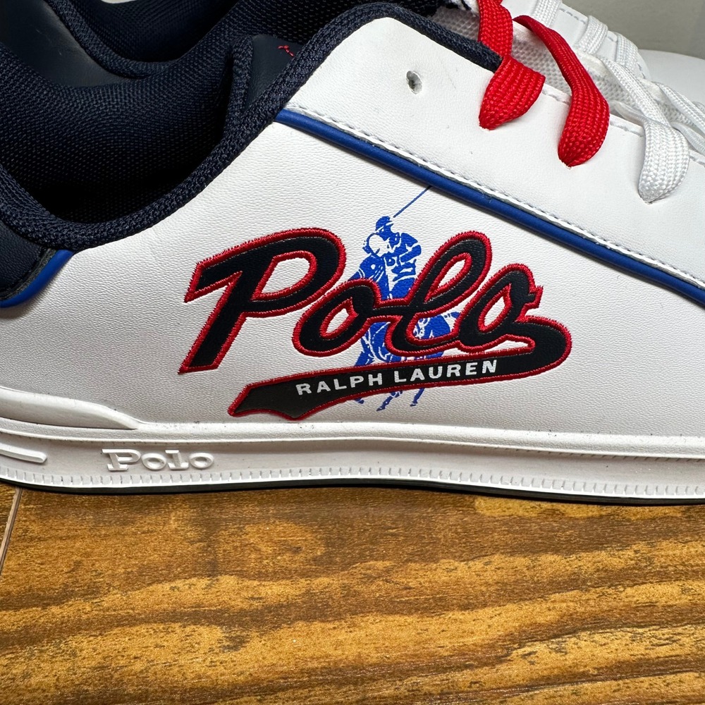 Polo Ralph Lauren Heritage Court III Graphic White Navy Red Sneakers Kids Size 6 - Picture 2 of 10